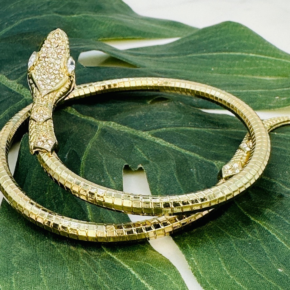 Snake Bracelet Pearl In Mouth Rhinestone Head Coiled Gold-tone Serpent Bracelet - Picture 5 of 13
